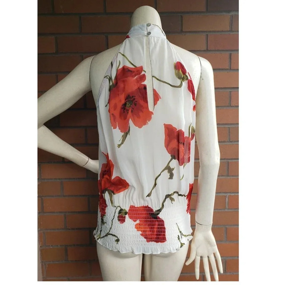 Vintage large red poppy 100% viscose semi - sheer high neck top - keyhole back - Picture 4 of 10